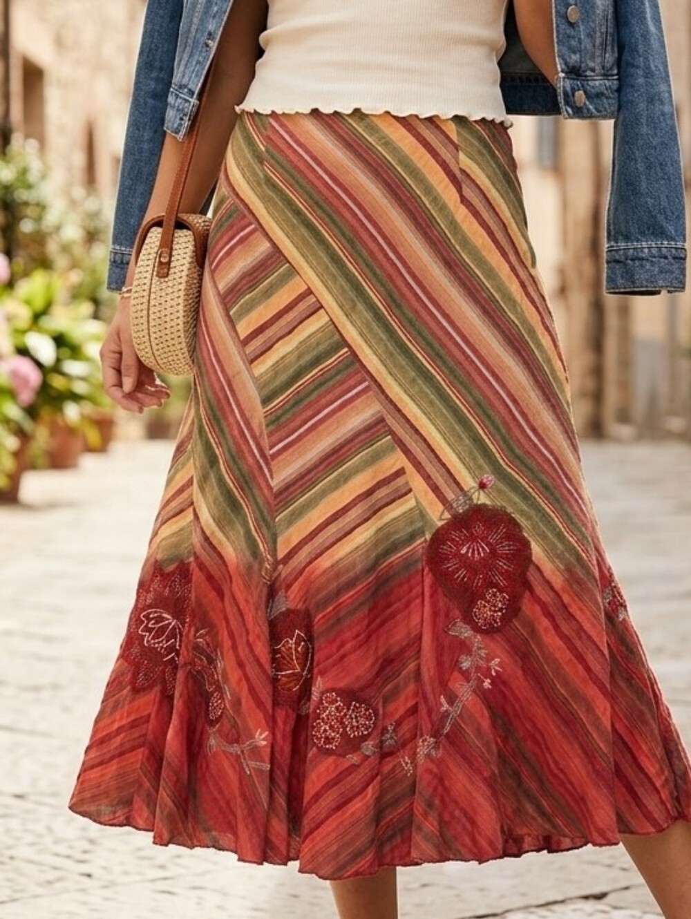 Casual Studio Boho Embroidered Striped Midi Skirt Small Cotton Floral Applique